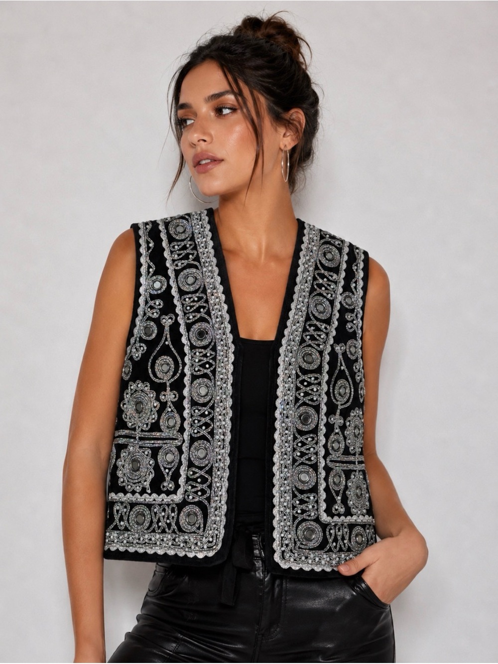 Vintage Black Velvet Vest Featuring Intricate Silver Embroidery/Mirror Details